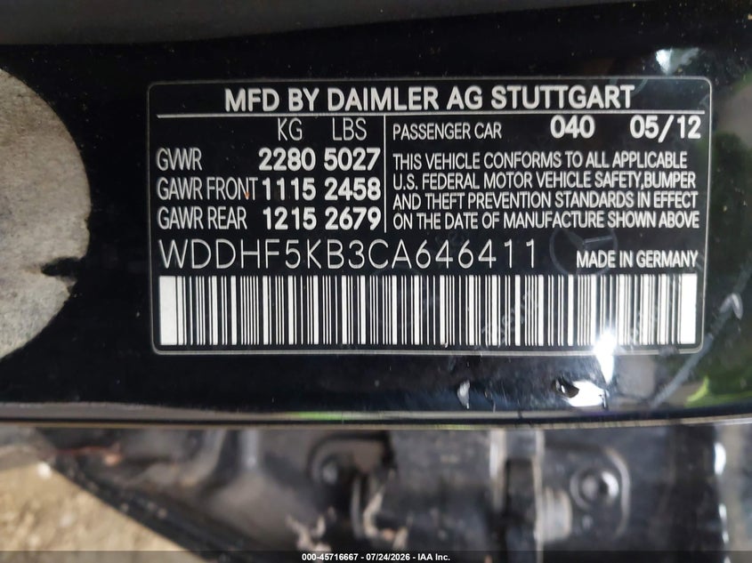 2012 Mercedes-benz E-klasse VIN WDDHF5KB3CA646411 IAAI salvage auction — BIO HAZARD, Wait Title, sold $550 on 2026-08-07 (photo 9)