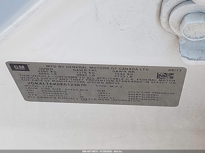 2014 Gmc Terrain VIN 2GKALTEK6E6123876 IAAI salvage auction — FRONT END, Wait Title, sold $625 on 2026-10-08 (photo 9)