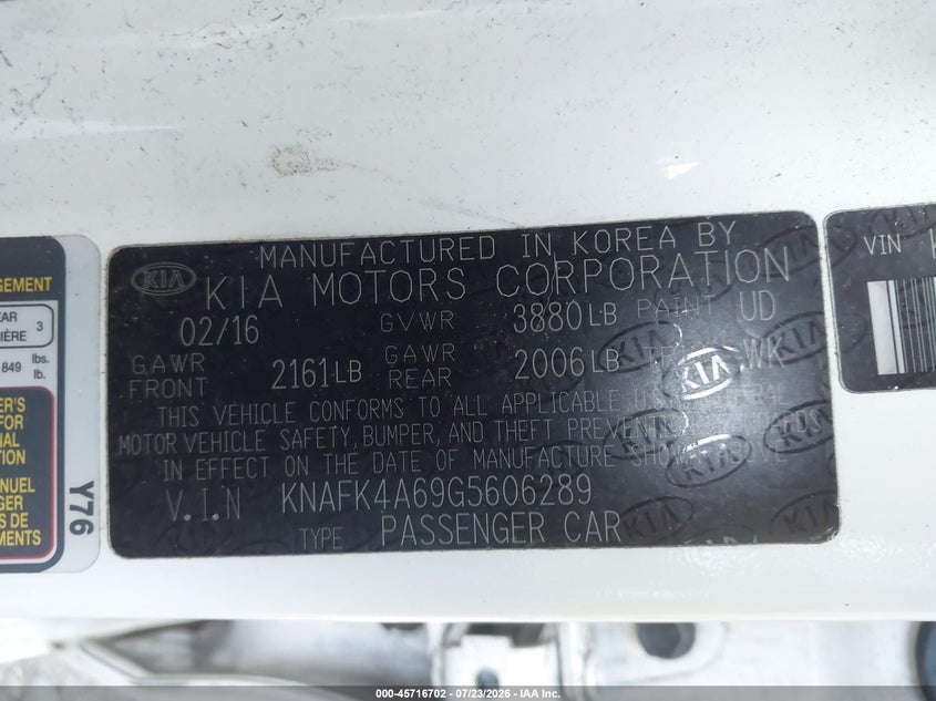 2016 Kia Forte VIN KNAFK4A69G5606289 IAAI salvage auction — NORMAL WEAR, Clear (New Jersey), sold $25 on 2026-07-29 (photo 9)
