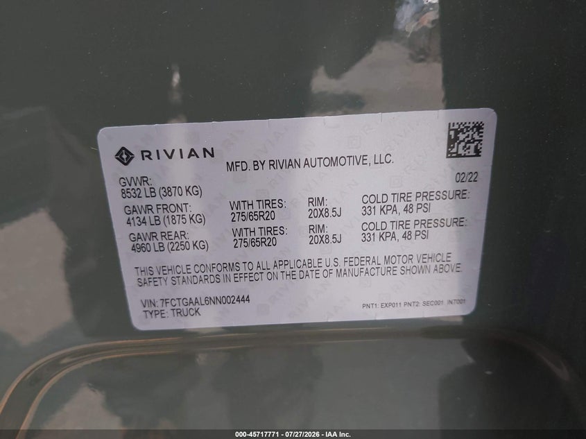 2022 Rivian R1t VIN 7FCTGAAL6NN002444 IAAI salvage auction — FRONT END, Salvage Title, sold $9,075 on 2026-09-17 (photo 9)