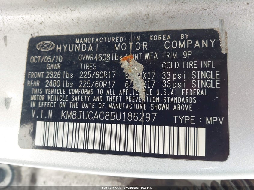 2011 Hyundai Tucson VIN KM8JUCAC8BU186297 IAAI salvage auction — NORMAL WEAR, Clear (New Jersey), sold $1,050 on 2026-07-28 (photo 9)