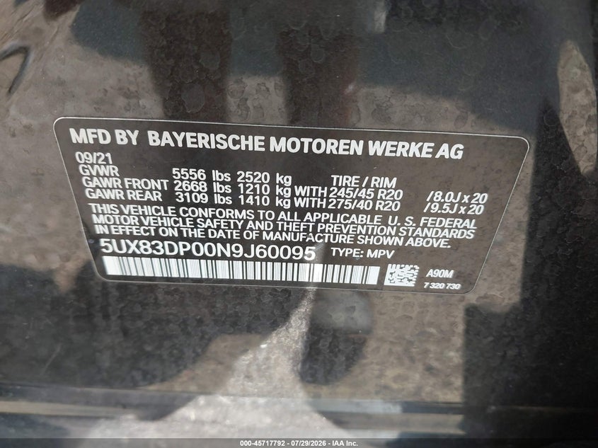 2022 BMW X3 VIN 5UX83DP00N9J60095 IAAI salvage auction — FRONT END, Salvage (Virginia), sold $11,075 on 2026-09-04 (photo 9)