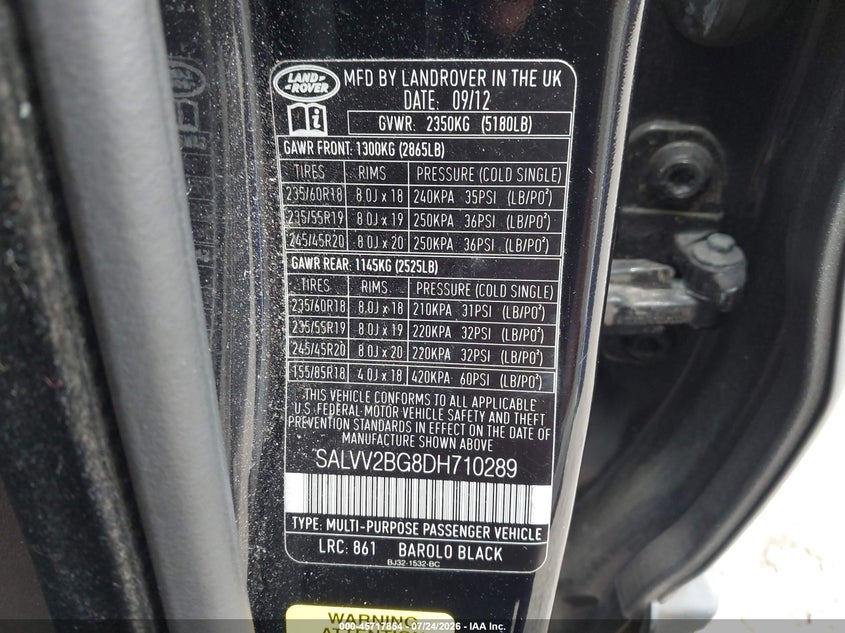 2013 Land rover Range rover evoque VIN SALVV2BG8DH710289 IAAI salvage auction — NORMAL WEAR, Clear (New Jersey), sold $25 on 2026-07-28 (photo 9)