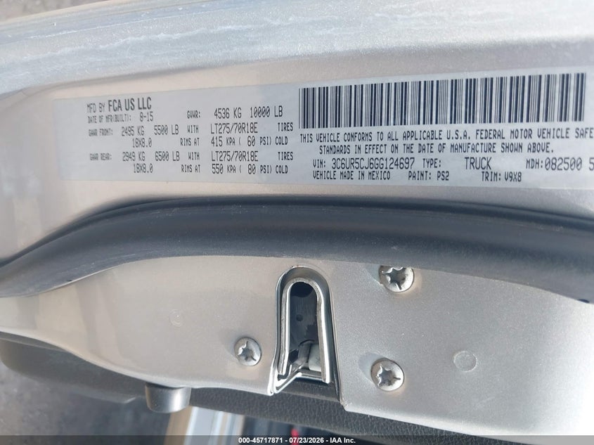 2016 Ram 2500 VIN 3C6UR5CJ6GG124697 IAAI salvage auction — NO DAMAGE, Original (Texas), sold $9,425 on 2026-07-30 (photo 9)