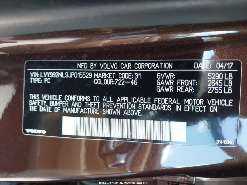 2018 Volvo S90 VIN LVY992ML9JP015529 IAAI salvage auction — SIDE, Original (Texas), sold $10,350 on 2026-09-08 (photo 9)