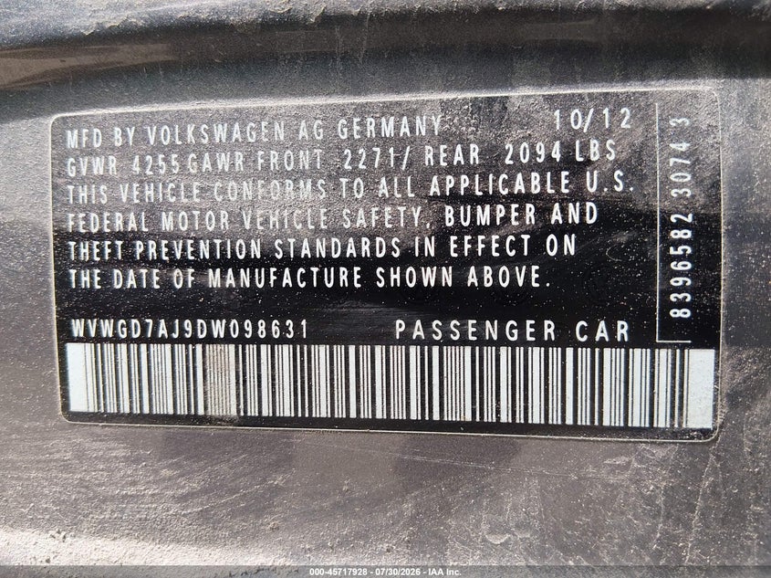 2013 Volkswagen Gti VIN WVWGD7AJ9DW098631 IAAI salvage auction — NORMAL WEAR, Original (Vermont), sold $4,475 on 2026-08-06 (photo 9)