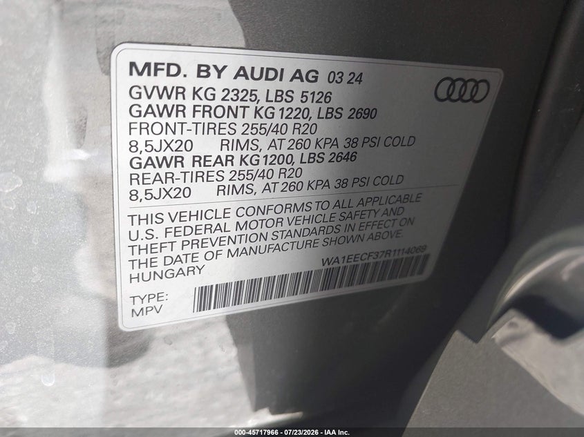 2024 Audi Q3 VIN WA1EECF37R1114069 IAAI salvage auction — RIGHT FRONT, Salvage Title, sold $9,600 on 2026-08-19 (photo 9)