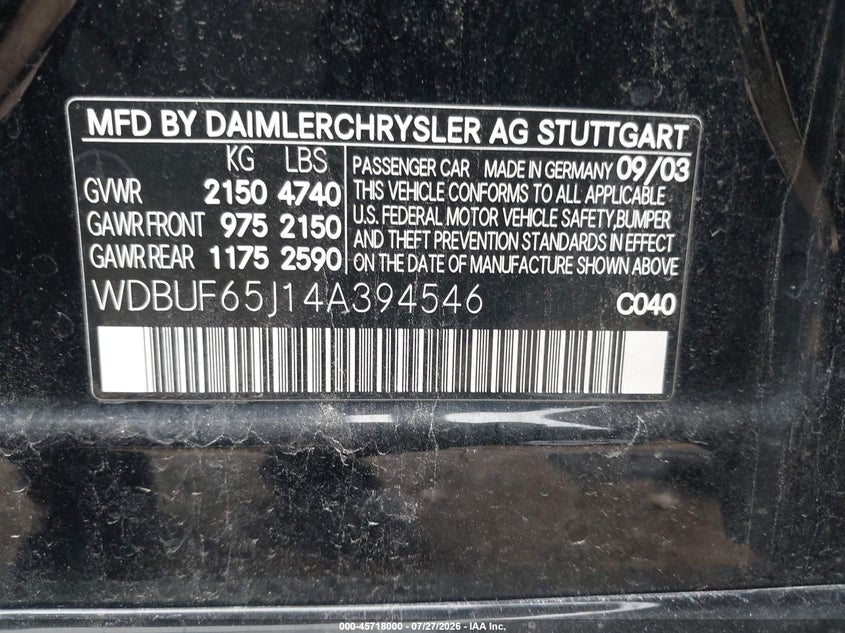 2004 Mercedes-benz E-class VIN WDBUF65J14A394546 IAAI salvage auction — NORMAL WEAR, Clear-Endorsement (Wisconsin), sold $950 on 2026-08-11 (photo 9)