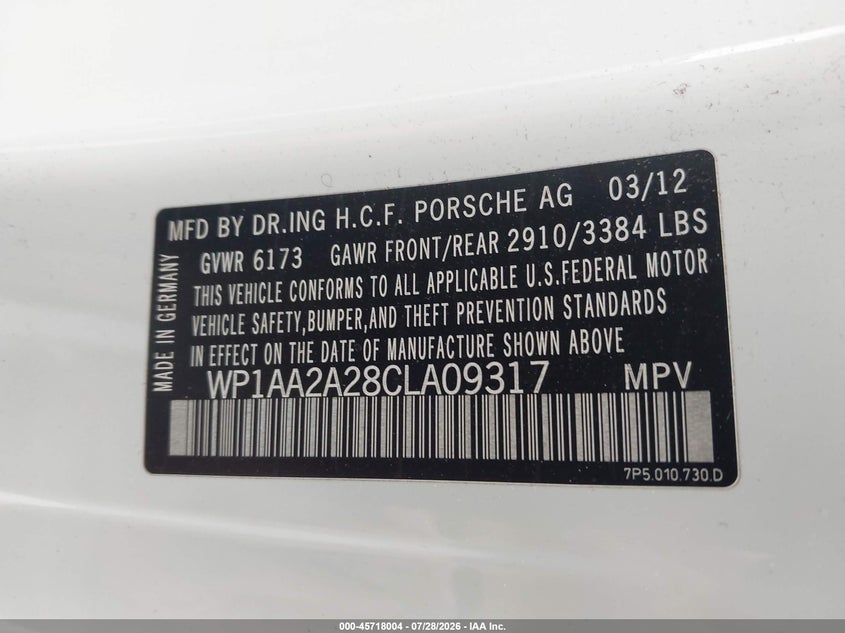 2012 Porsche Cayenne VIN WP1AA2A28CLA09317 IAAI salvage auction — FRONT END, Salvage Title, sold $1,300 on 2026-08-19 (photo 9)