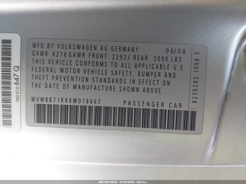 2009 Volkswagen Rabbit VIN WVWBB71K49W018667 IAAI salvage auction — SIDE, Salvage (California), sold $450 on 2026-08-12 (photo 9)