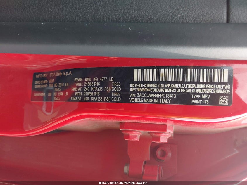2015 Jeep Renegade VIN ZACCJAAH4FPC13413 IAAI salvage auction — FRONT END, Wait Title, sold $1,500 on 2026-08-18 (photo 9)