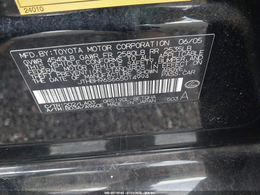 2006 Lexus Gs 300 VIN JTHBH96S665014994 IAAI salvage auction — NORMAL WEAR, Clear (South Carolina), sold $25 on 2026-07-28 (photo 9)