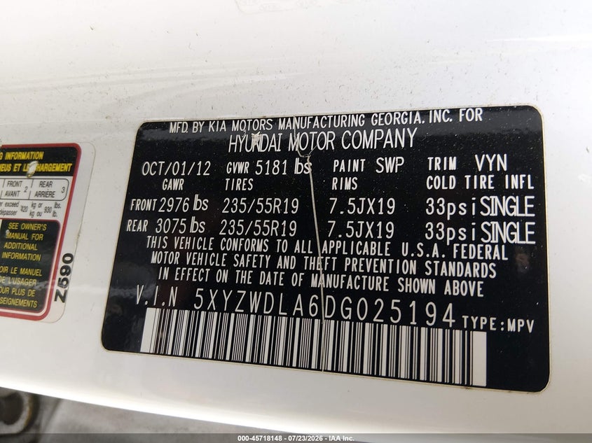 2013 Hyundai Santa fe VIN 5XYZWDLA6DG025194 IAAI salvage auction — NORMAL WEAR, Clear (Virginia), sold $2,125 on 2026-07-31 (photo 9)
