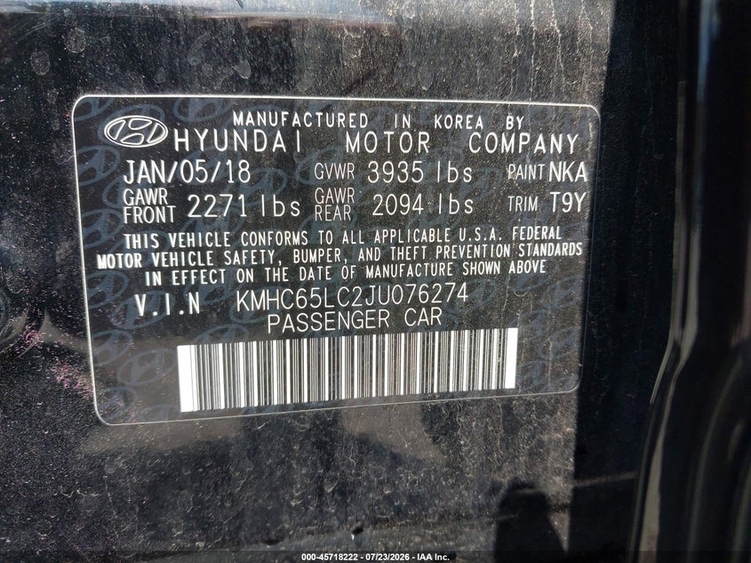 2018 Hyundai Ioniq hybrid VIN KMHC65LC2JU076274 IAAI salvage auction — NORMAL WEAR, Sf97 (New York), sold $7,225 on 2026-08-20 (photo 9)