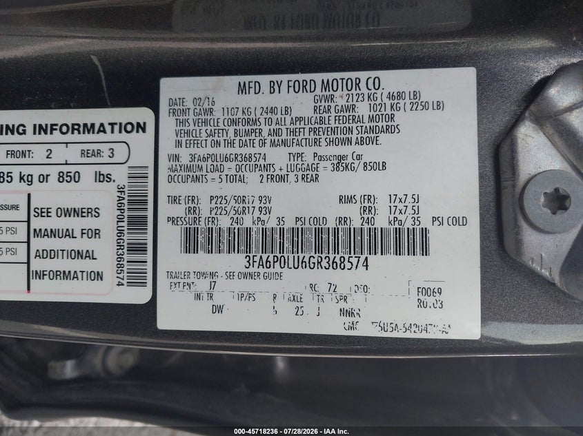 2016 Ford Fusion VIN 3FA6P0LU6GR368574 IAAI salvage auction — REAR END, Salvage Title, sold $625 on 2026-09-06 (photo 9)