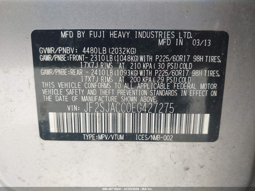 2014 Subaru Forester VIN JF2SJACC0EG427275 IAAI salvage auction — NORMAL WEAR, Clear-Dealer Only (Maryland), sold $25 on 2026-07-28 (photo 9)
