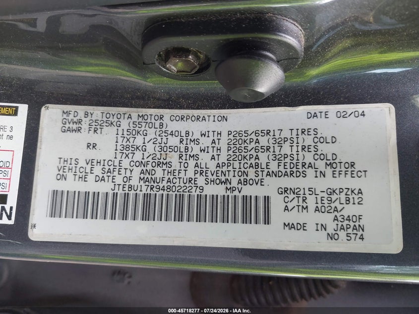 2004 Toyota 4runner VIN JTEBU17R948022279 IAAI salvage auction — NORMAL WEAR, Clear (Virginia), sold $1,050 on 2026-07-28 (photo 9)