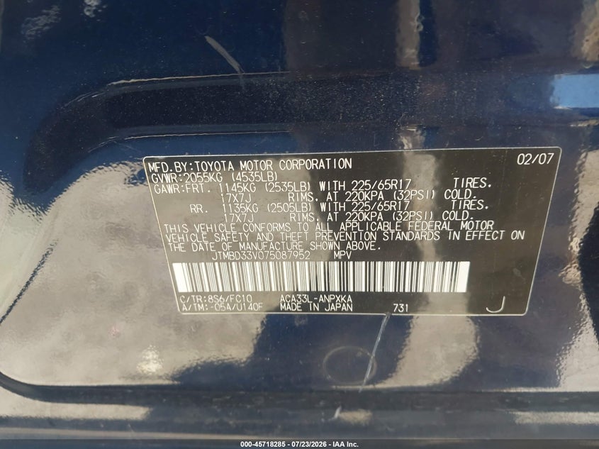 2007 Toyota Rav 4 VIN JTMBD33V075087952 IAAI salvage auction — NORMAL WEAR, Clear - Dealer Only (California), sold $1,100 on 2026-07-30 (photo 9)