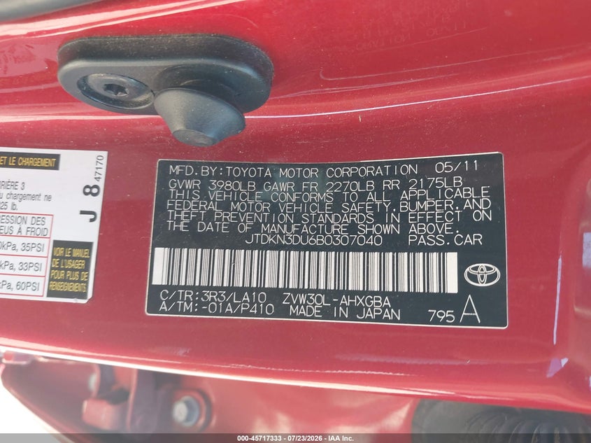 2011 Toyota Prius VIN JTDKN3DU6B0307040 IAAI salvage auction — NORMAL WEAR, Clear-Dealer Only (Arizona), sold $25 on 2026-07-30 (photo 9)