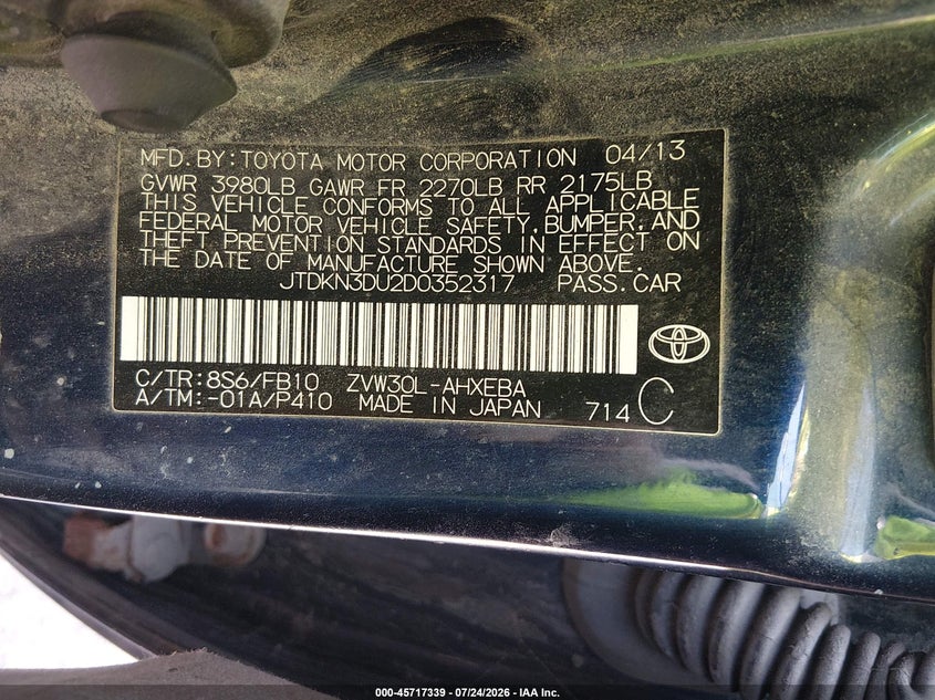 2013 Toyota Prius VIN JTDKN3DU2D0352317 IAAI salvage auction — NORMAL WEAR, Original (Vermont), sold $425 on 2026-07-30 (photo 9)