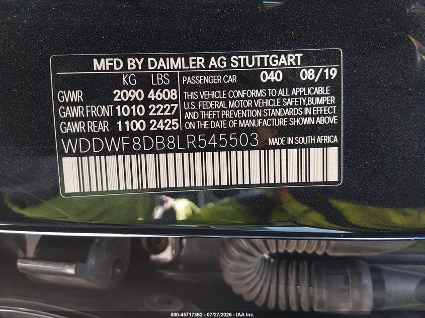2020 Mercedes-benz C-klasse VIN WDDWF8DB8LR545503 IAAI salvage auction — FRONT END, Wait Title, sold $5,000 on 2026-09-09 (photo 9)