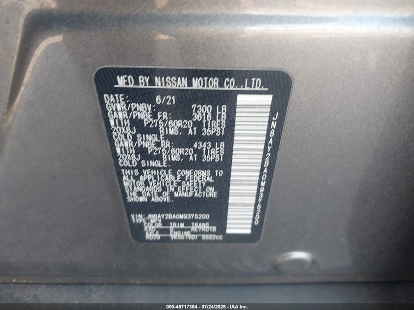 2021 Nissan Armada VIN JN8AY2BA0M9375200 IAAI salvage auction — FRONT END, Salvage Title, sold $10,800 on 2026-08-22 (photo 9)