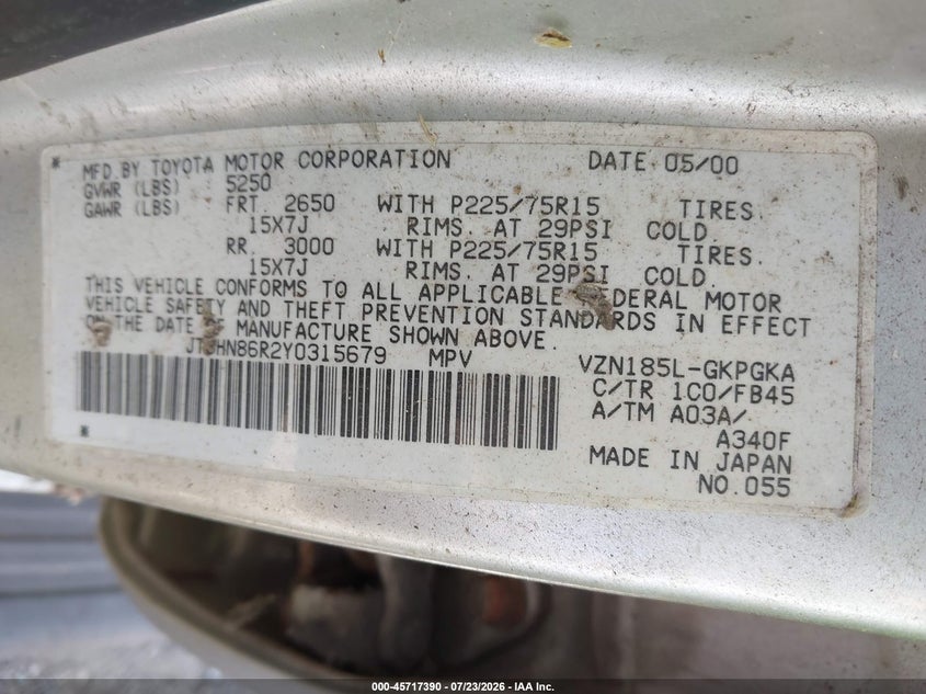 2000 Toyota 4runner VIN JT3HN86R2Y0315679 IAAI salvage auction — NORMAL WEAR, Clear (New York), sold $25 on 2026-07-28 (photo 9)