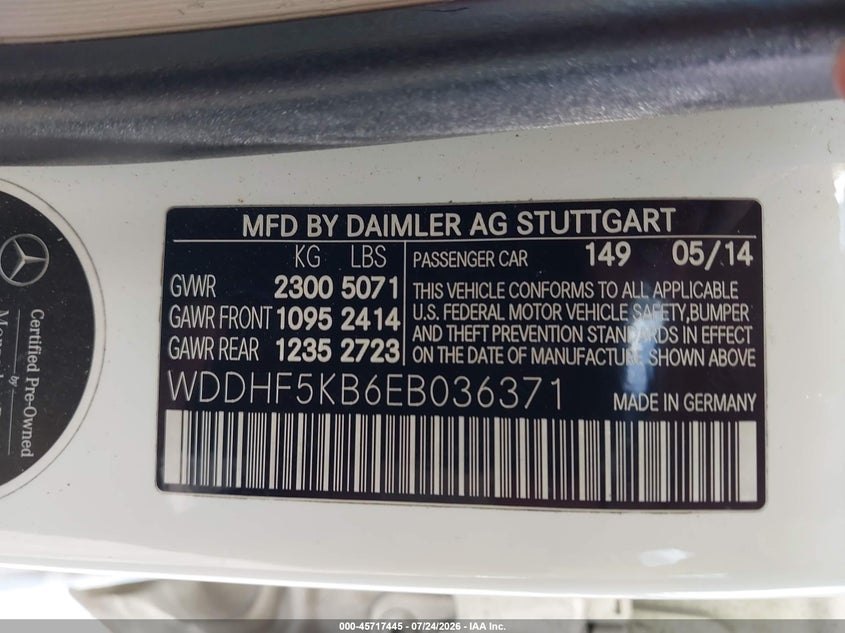 2014 Mercedes-benz E-klasse VIN WDDHF5KB6EB036371 IAAI salvage auction — REAR END, Wait Title, sold $2,900 on 2026-08-17 (photo 9)