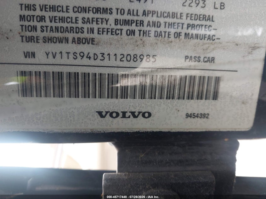 2001 Volvo S80 VIN YV1TS94D311208985 IAAI salvage auction — NORMAL WEAR, Clear (New York), sold $150 on 2026-08-04 (photo 9)