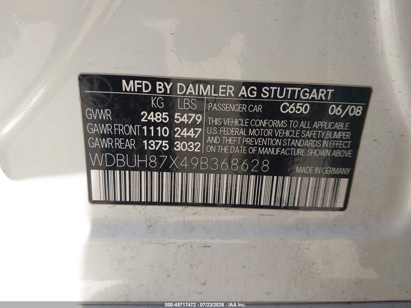 2009 Mercedes-benz E-class VIN WDBUH87X49B368628 IAAI salvage auction — NORMAL WEAR, Clear - Dealer Only (California), sold $475 on 2026-08-17 (photo 9)