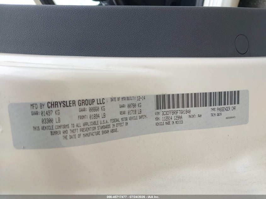 2015 Fiat 500 VIN 3C3CFFBR9FT601840 IAAI salvage auction — FRONT & REAR, Salvage Title, sold $500 on 2026-09-09 (photo 9)