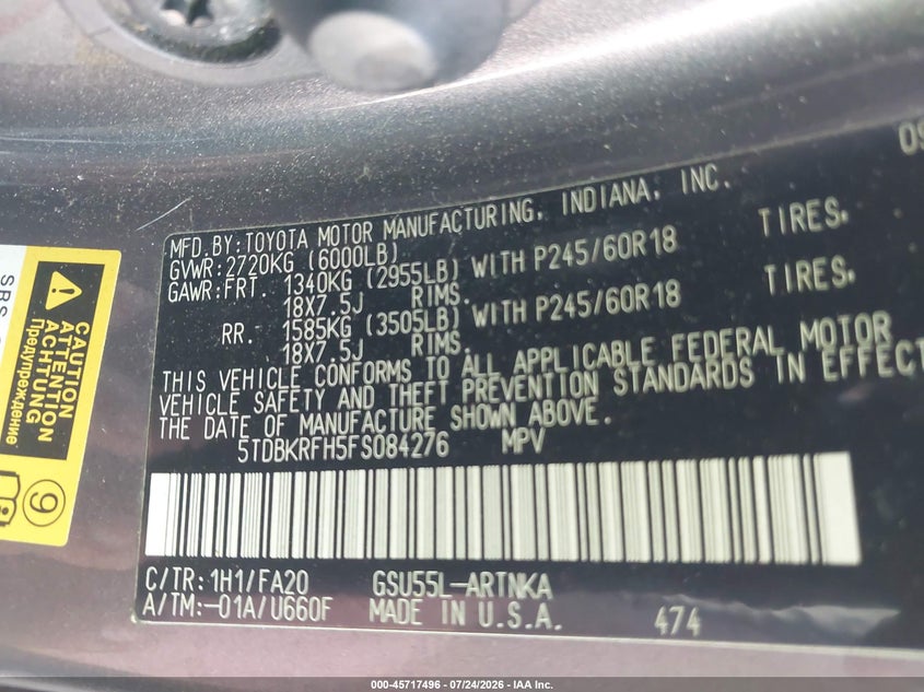 2015 Toyota Highlander VIN 5TDBKRFH5FS084276 IAAI salvage auction — NORMAL WEAR, Clear (Pennsylvania), sold $1,050 on 2026-07-30 (photo 9)