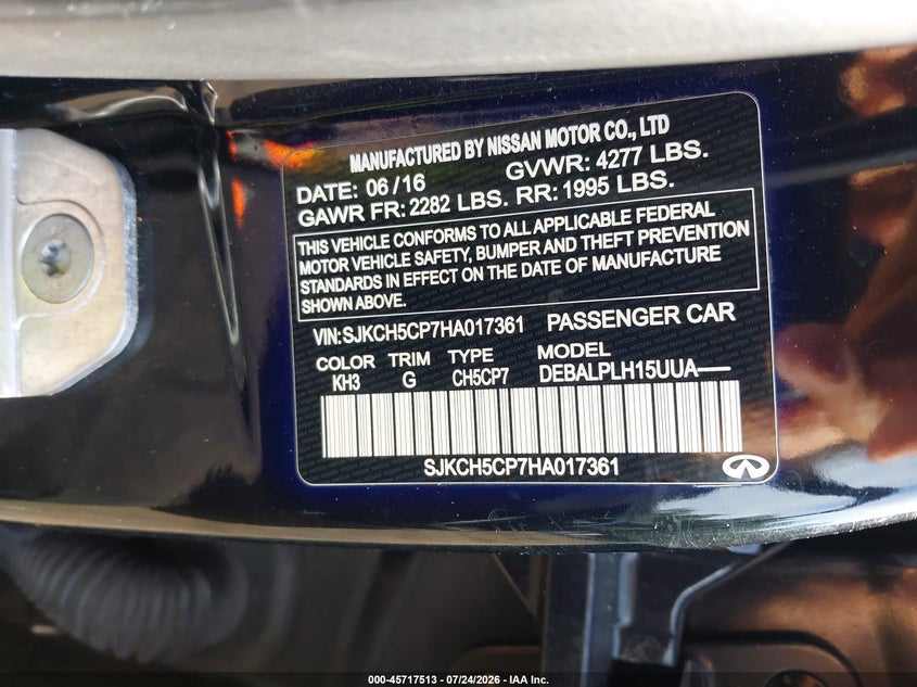 2017 Infiniti Qx30 VIN SJKCH5CP7HA017361 IAAI salvage auction — NORMAL WEAR, Clear (Virginia), sold $25 on 2026-07-29 (photo 9)