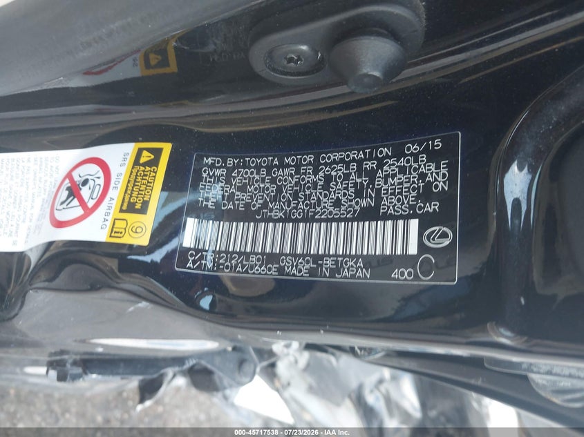 2015 Lexus Es 350 VIN JTHBK1GG1F2205527 IAAI salvage auction — NORMAL WEAR, Clear (Florida), sold $1,550 on 2026-07-29 (photo 9)