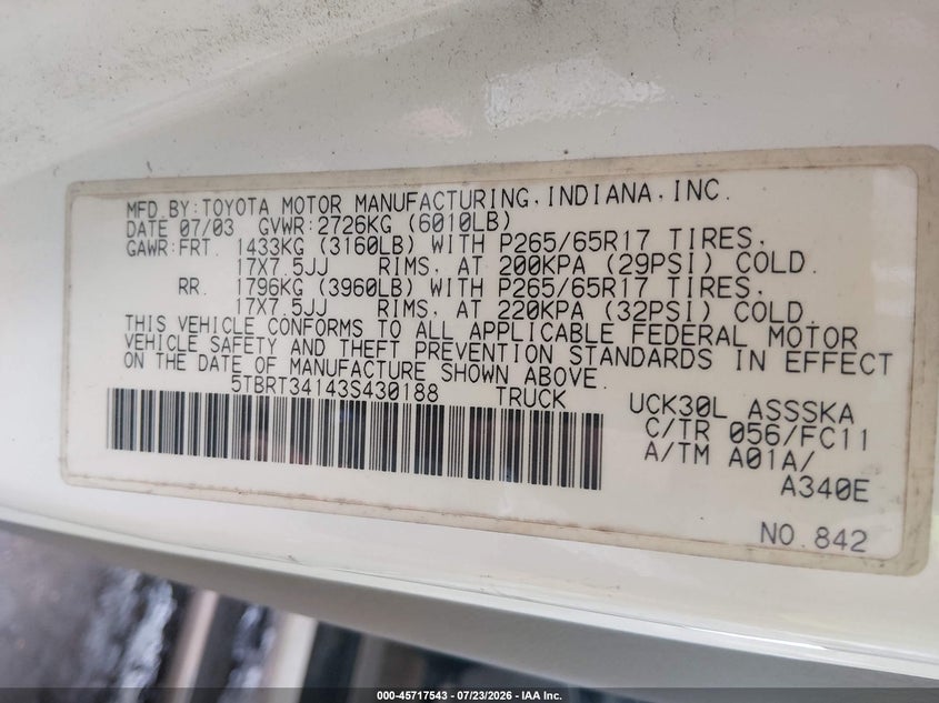 2003 Toyota Tundra VIN 5TBRT34143S430188 IAAI salvage auction — LEFT FRONT, Clear (Virginia), sold $275 on 2026-07-28 (photo 9)