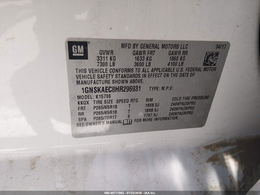 2017 Chevrolet Tahoe VIN 1GNSKAEC8HR296931 IAAI salvage auction — FRONT END, SF97 (California), sold $18,500 on 2026-08-27 (photo 9)
