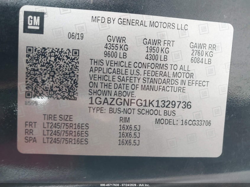 2019 Chevrolet Express 3500 VIN 1GAZGNFG1K1329736 IAAI salvage auction — NORMAL WEAR, SF97 (District of Columbia), sold $12,000 on 2026-09-09 (photo 9)