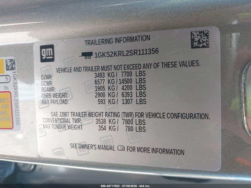 2025 Gmc Yukon VIN 1GKS2KRL2SR111356 IAAI salvage auction — FRONT END, Salvage Title, sold $48,000 on 2026-08-17 (photo 9)