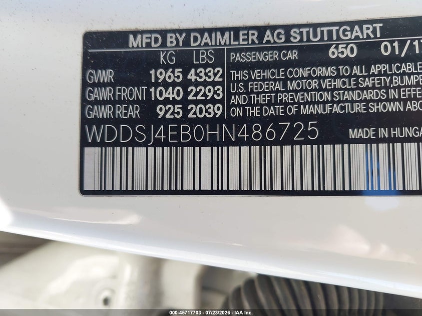 2017 Mercedes-benz Cla-klasse VIN WDDSJ4EB0HN486725 IAAI salvage auction — FRONT END, Wait Title, sold $2,400 on 2026-08-05 (photo 9)