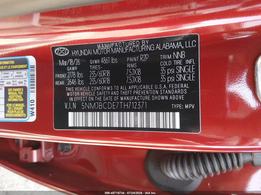 2026 Hyundai Tucson VIN 5NMJBCDE7TH712371 IAAI salvage auction — REAR END, Salvage Title, sold $15,800 on 2026-07-31 (photo 9)