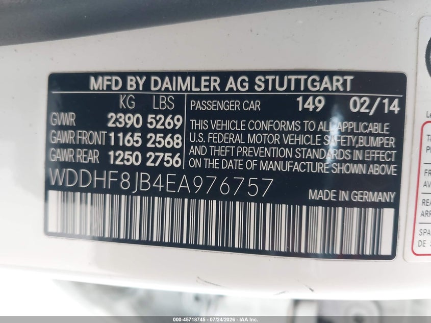 2014 Mercedes-benz E-klasse VIN WDDHF8JB4EA976757 IAAI salvage auction — NORMAL WEAR, Clear (Missouri), sold $1,500 on 2026-08-04 (photo 9)
