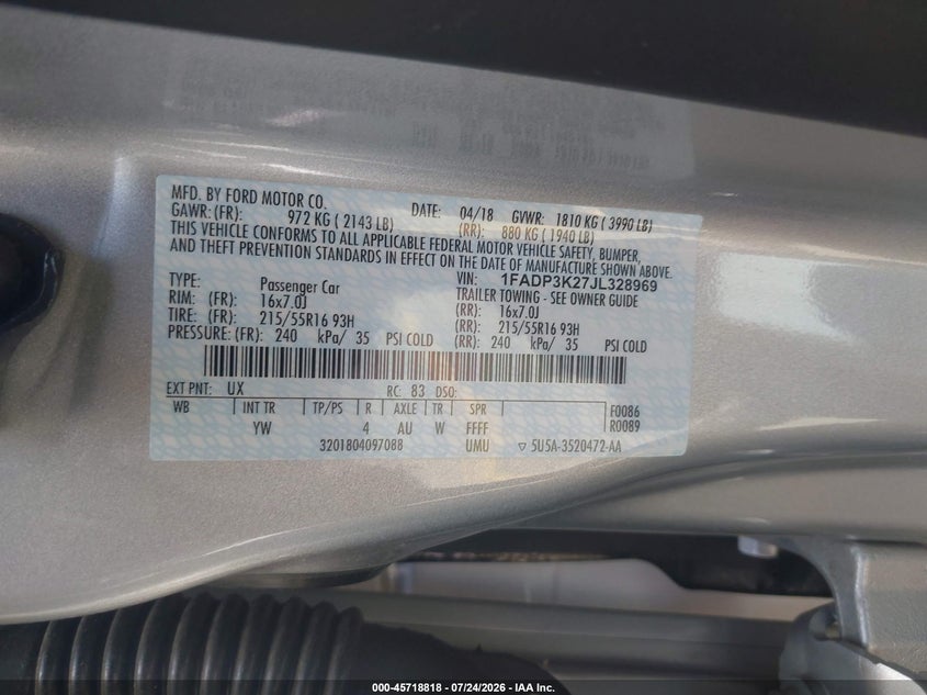 2018 Ford Focus VIN 1FADP3K27JL328969 IAAI salvage auction — FRONT END, SF97 (California), sold $8,550 on 2026-08-25 (photo 9)