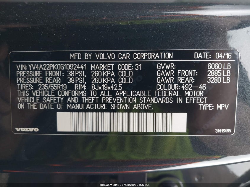 2016 Volvo Xc90 VIN YV4A22PK0G1092441 IAAI salvage auction — FRONT END, Salvage Title, sold $5,600 on 2026-08-06 (photo 9)