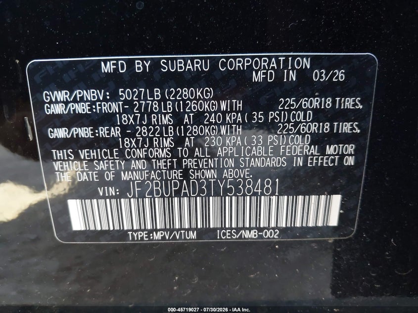 2026 Subaru Outback VIN JF2BUPAD3TY538481 IAAI salvage auction — FRONT END, Clear (Tennessee), sold $13,000 on 2026-08-21 (photo 9)