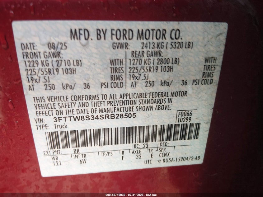2025 Ford Maverick VIN 3FTTW8S34SRB28505 IAAI salvage auction — FRONT END, Wait Title, sold $9,900 on 2026-08-29 (photo 9)