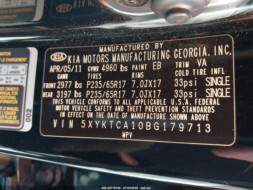 2011 Kia Sorento VIN 5XYKTCA10BG179713 IAAI salvage auction — NORMAL WEAR, Clear - Dealer Only (California), sold $1,000 on 2026-07-30 (photo 9)