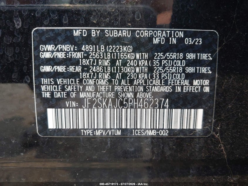 2023 Subaru Forester VIN JF2SKAJC5PH462374 IAAI salvage auction — RIGHT FRONT, Wait Title, sold $9,900 on 2026-09-03 (photo 9)
