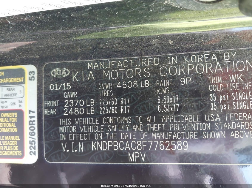 2015 Kia Sportage VIN KNDPBCAC8F7762589 IAAI salvage auction — NORMAL WEAR, Clear (Michigan), sold $425 on 2026-07-30 (photo 9)
