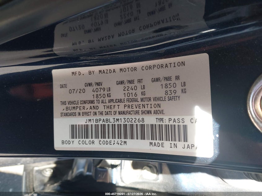 2021 Mazda 3 VIN JM1BPABL3M1302268 IAAI salvage auction — REAR END, Salvage Certificate (California), sold $5,500 on 2026-08-02 (photo 9)
