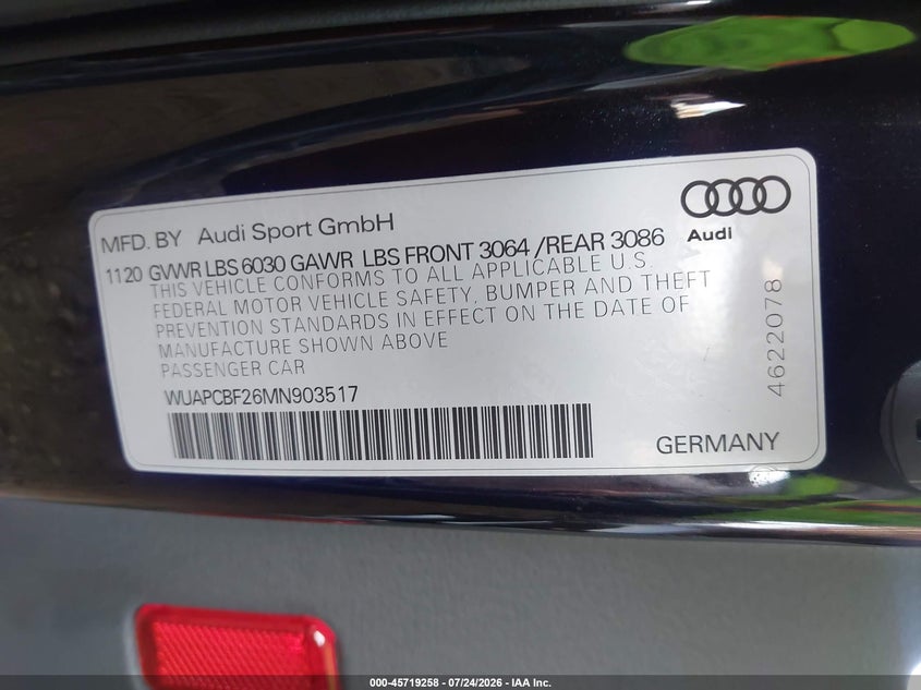 2021 Audi Rs7 VIN WUAPCBF26MN903517 IAAI salvage auction — RIGHT FRONT, Salvage Title, sold $48,500 on 2026-08-31 (photo 9)